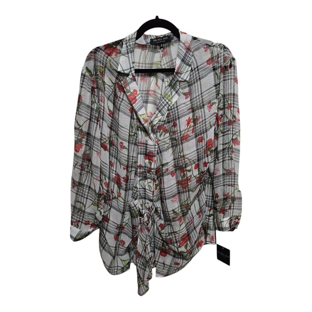 Rachel Roy Collection Blouse Womens Size 1X Floral Plaid Sheer Chiffon NEW